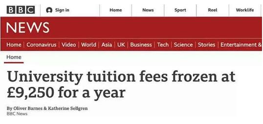 英格兰的大学学费在下一学年将冻结。*高费用将控制在£9,250/年